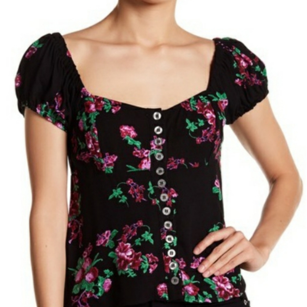 Free People Black Floral Button-Down Top - Picture 3 of 7